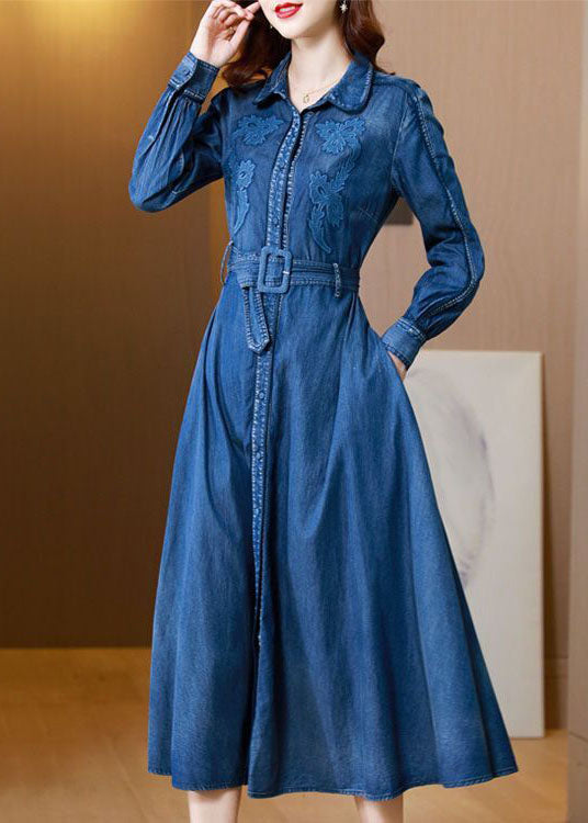 Italien Denim bleu brodé exra grand ourlet Cotton Robe cintrée