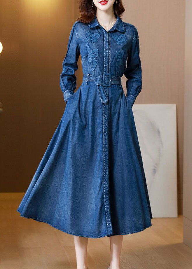 Italien Denim bleu brodé exra grand ourlet Cotton Robe cintrée