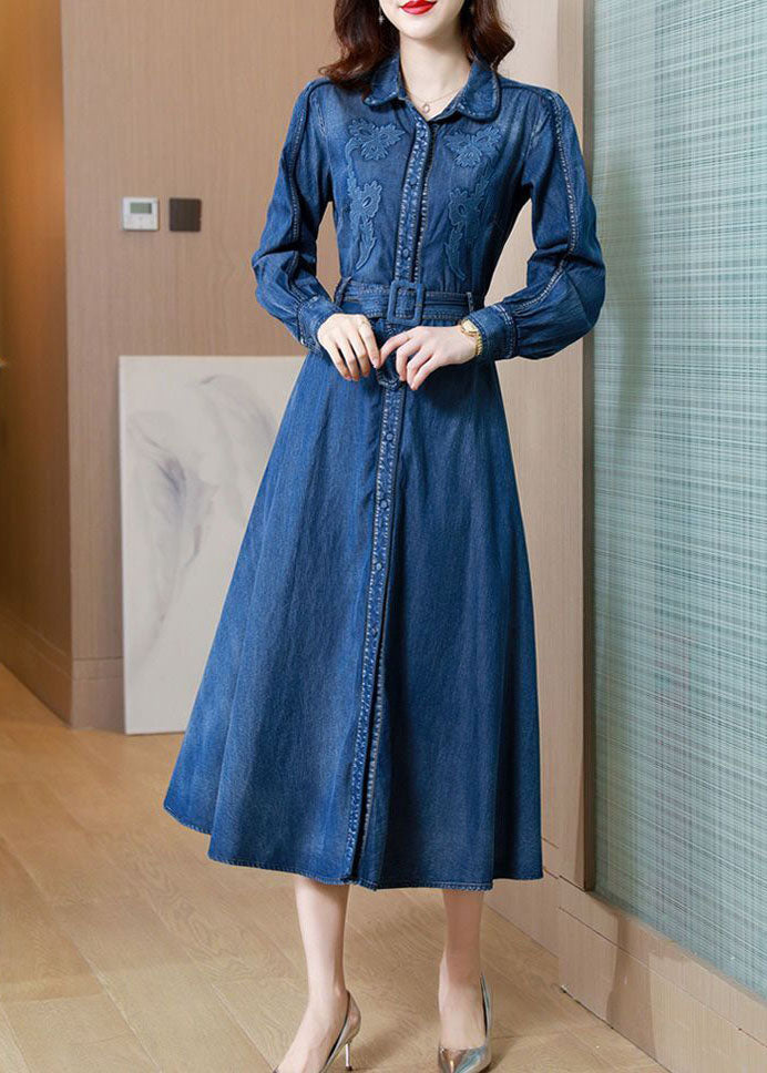 Italien Denim bleu brodé exra grand ourlet Cotton Robe cintrée