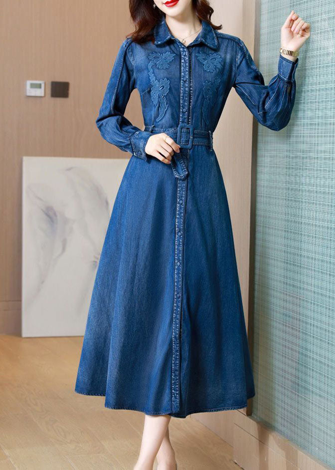 Italien Denim bleu brodé exra grand ourlet Cotton Robe cintrée