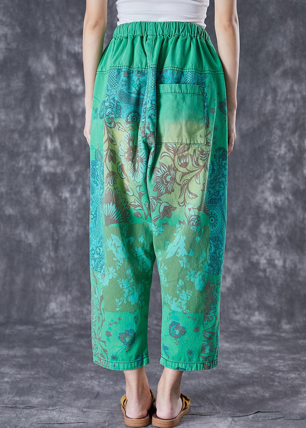 Green élastique vert élastique imprimé pantalon harem pantalon déchiré l'été