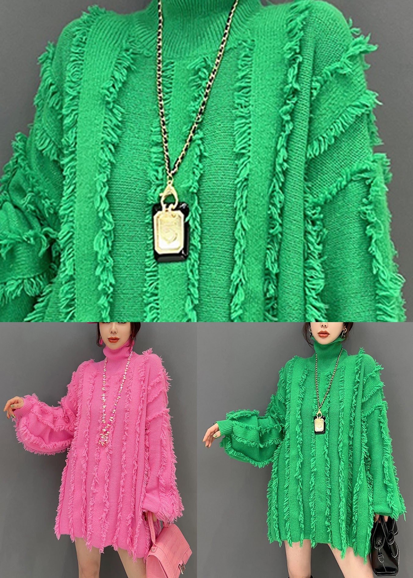 Italian Green Turtle Neck Oversized Tassel Knit Top Lantern Sleeve