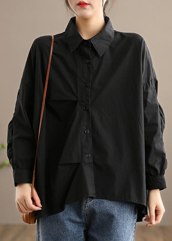 Italian Lapel Button Down Spring Blouse Design Black Shirts - SooLinen