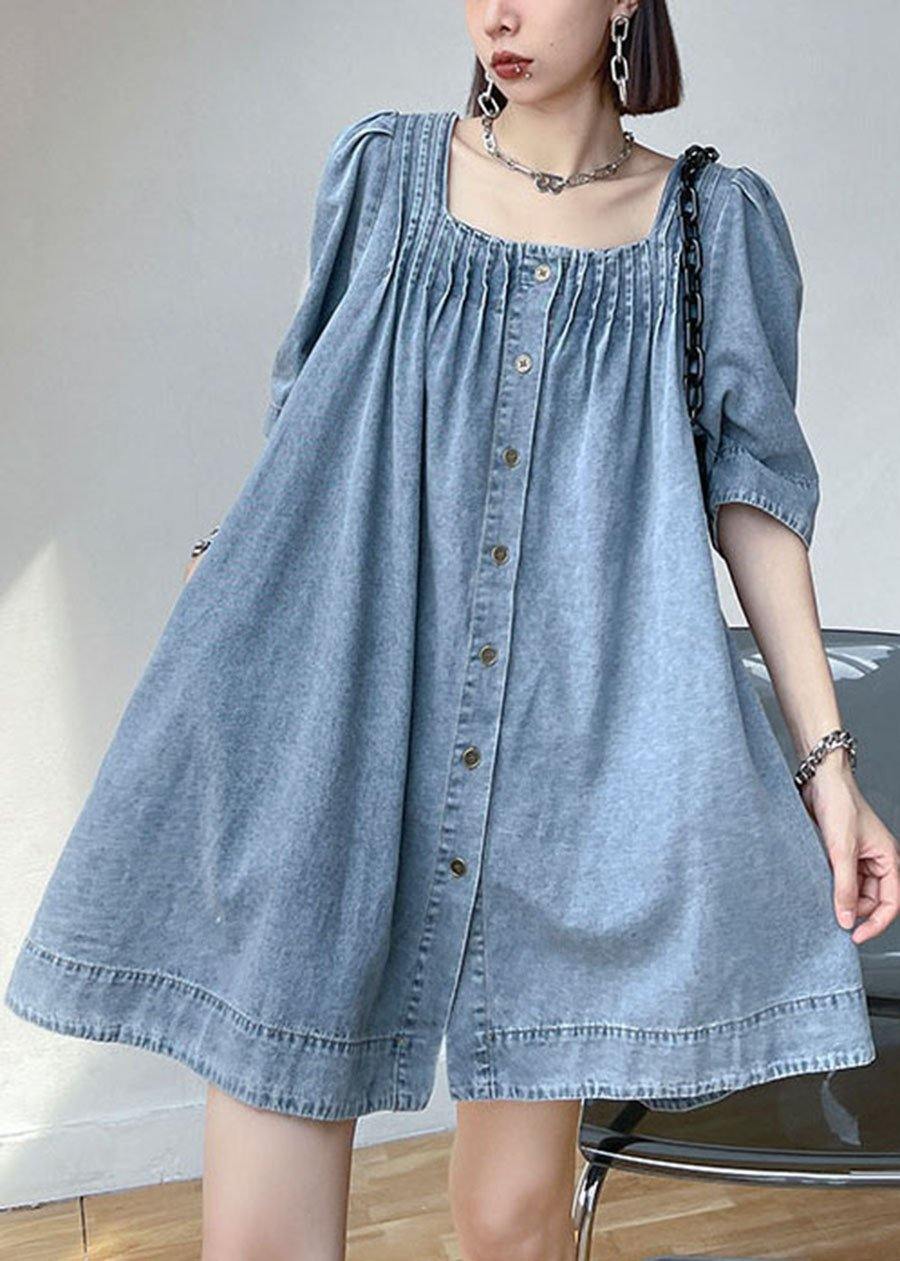 Italian Light Blue Square Collar Button Denim Summer Mini Dress - SooLinen