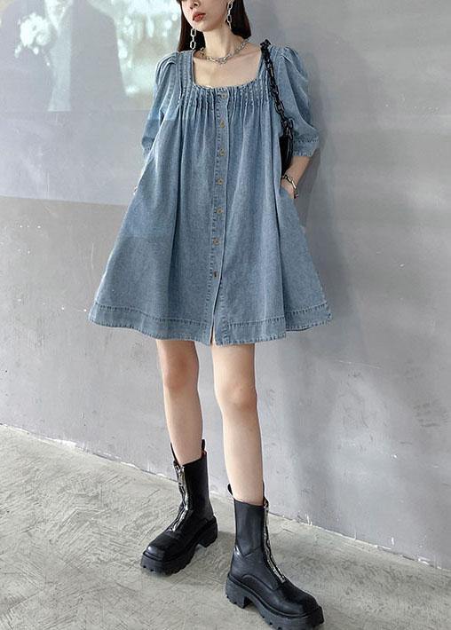 Italian Light Blue Square Collar Button Denim Summer Mini Dress - SooLinen