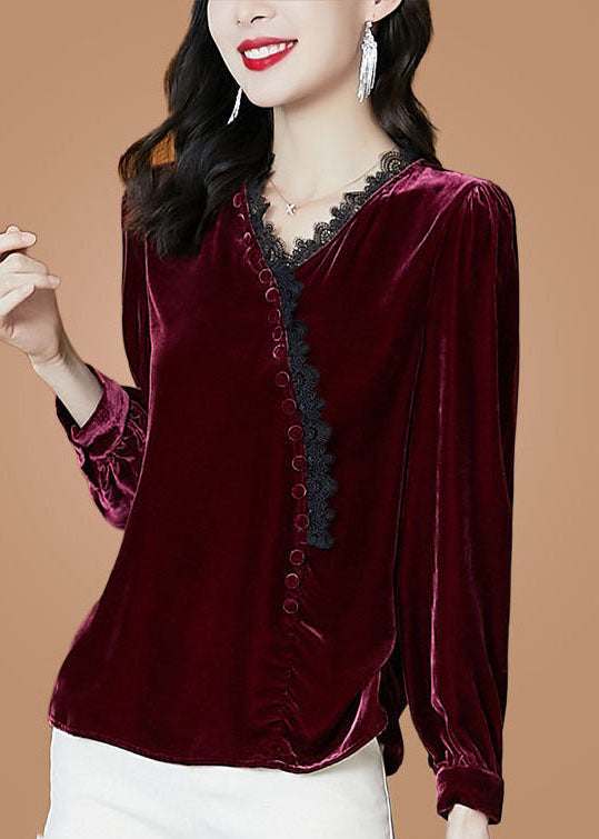 Italien Mulberry V Neck Neck Silk Velor Top à manches longues