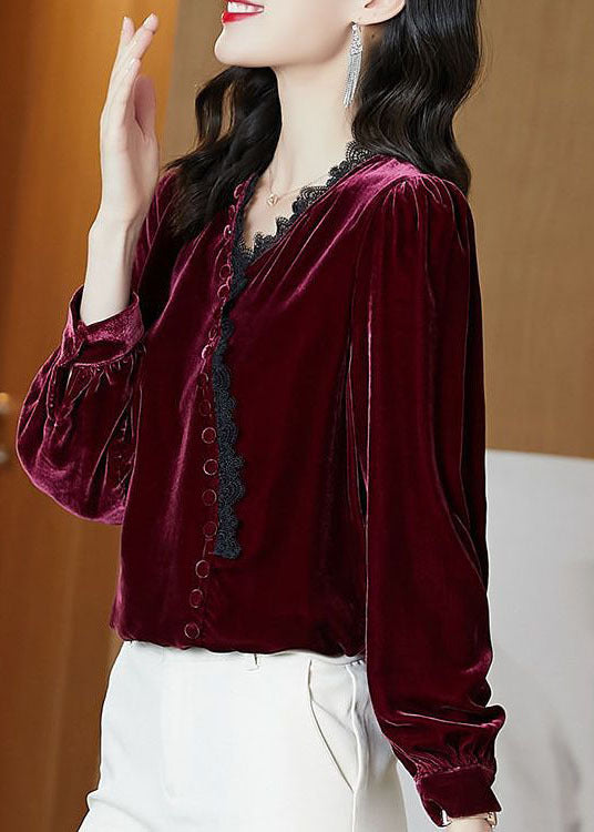 Italien Mulberry V Neck Neck Silk Velor Top à manches longues