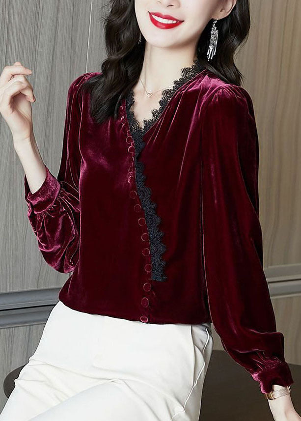 Italien Mulberry V Neck Neck Silk Velor Top à manches longues