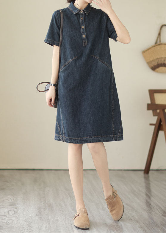 Navy italienne Peter Pan Collar Pockets Patchwork Shirts Denim Robe Summer