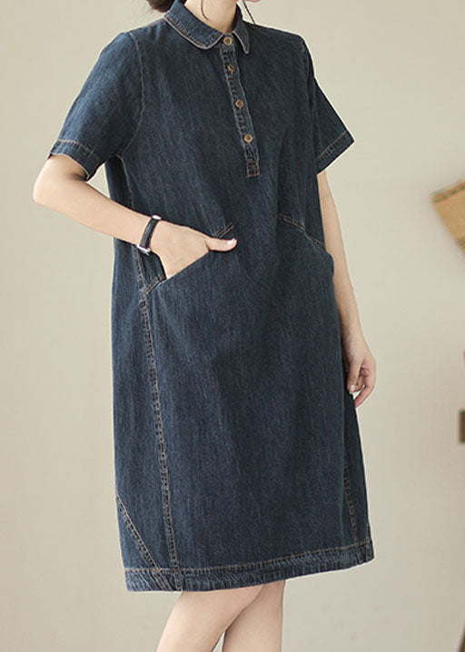 Navy italienne Peter Pan Collar Pockets Patchwork Shirts Denim Robe Summer