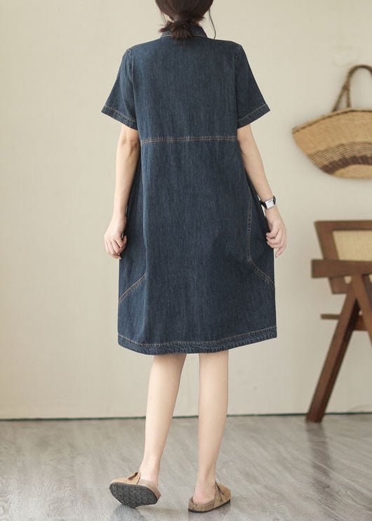 Navy italienne Peter Pan Collar Pockets Patchwork Shirts Denim Robe Summer