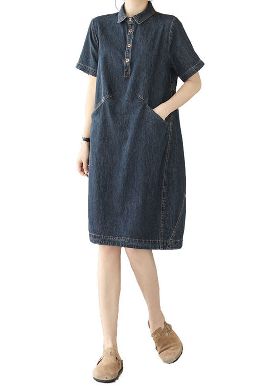 Navy italienne Peter Pan Collar Pockets Patchwork Shirts Denim Robe Summer