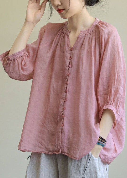 Italien rose V Neck Bouton Loose Fall Fall Half Sleeve Blouse Top