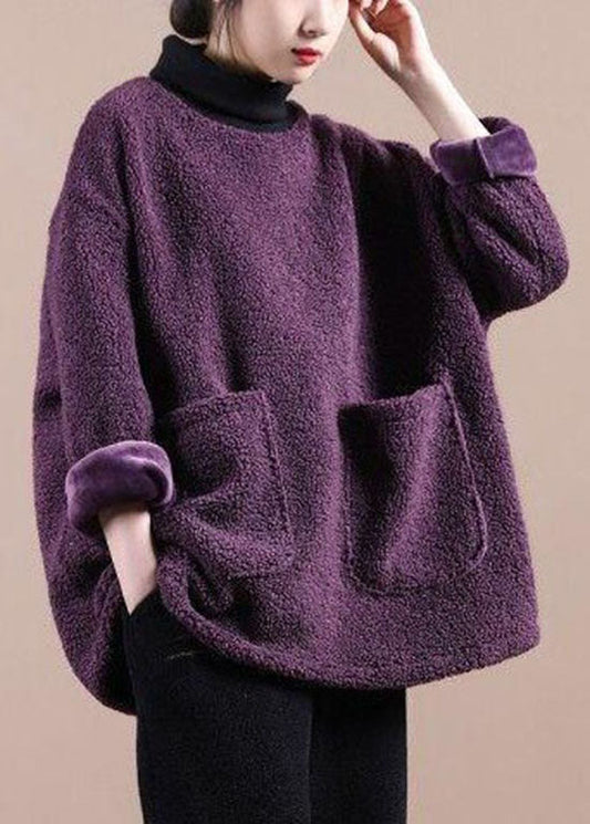 Italien Purple Faux Fur Turtle Neck Pockets Sweatshirts Top Hiver