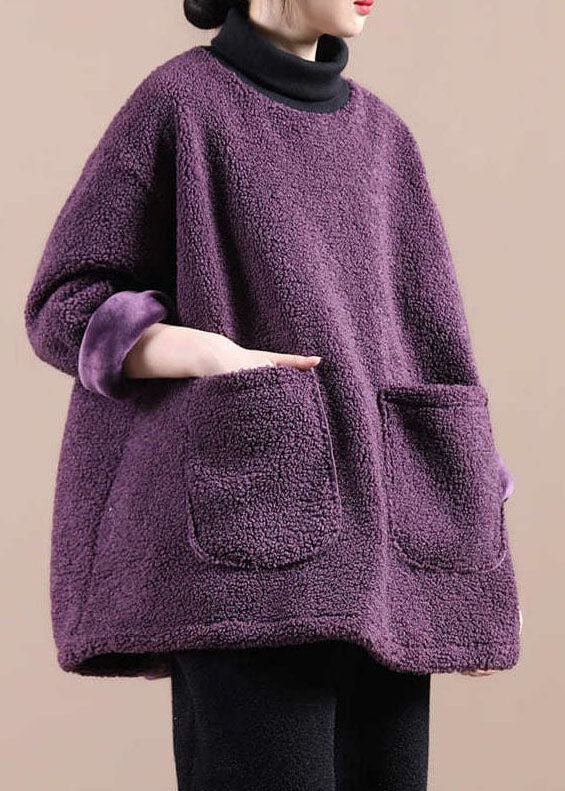 Italien Purple Faux Fur Turtle Neck Pockets Sweatshirts Top Hiver