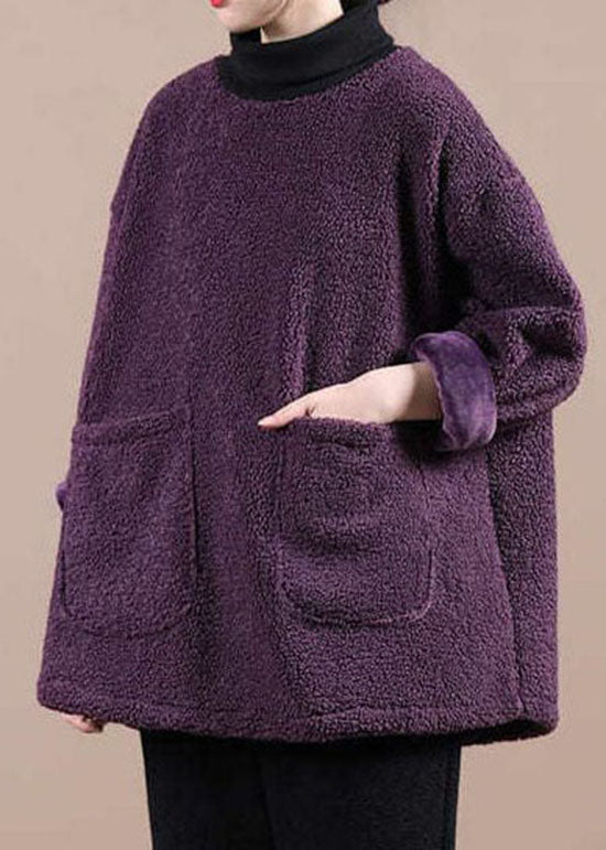 Italien Purple Faux Fur Turtle Neck Pockets Sweatshirts Top Hiver