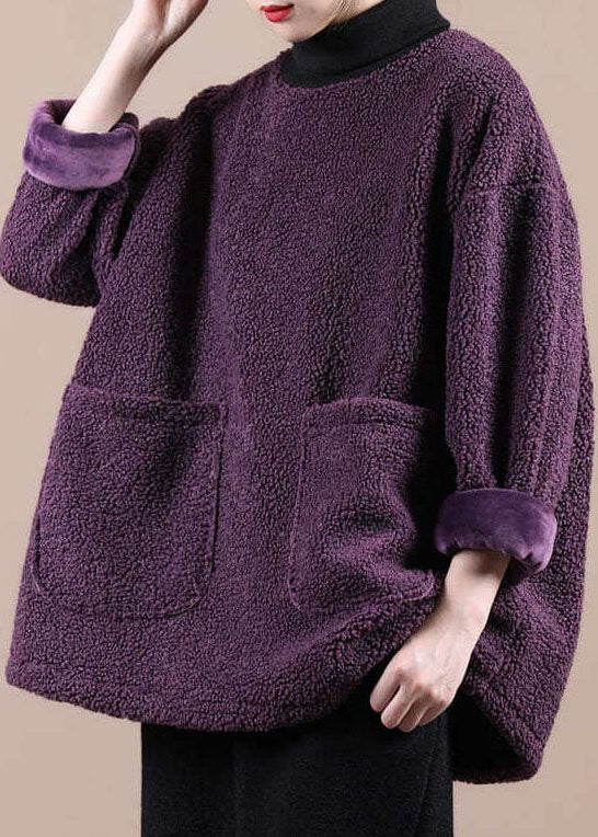 Italien Purple Faux Fur Turtle Neck Pockets Sweatshirts Top Hiver