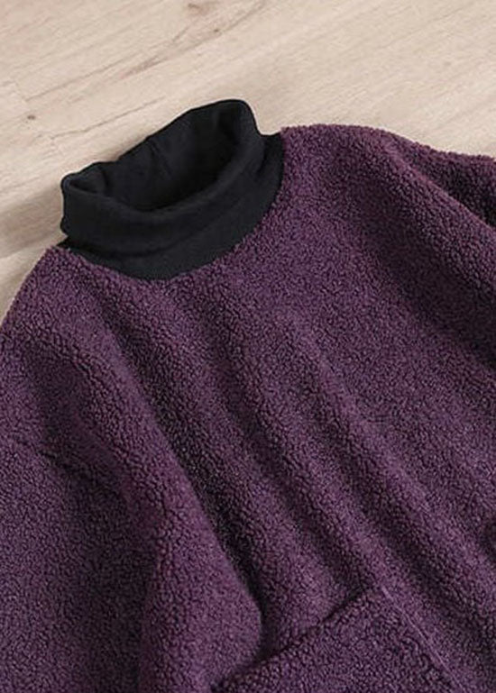 Italien Purple Faux Fur Turtle Neck Pockets Sweatshirts Top Hiver