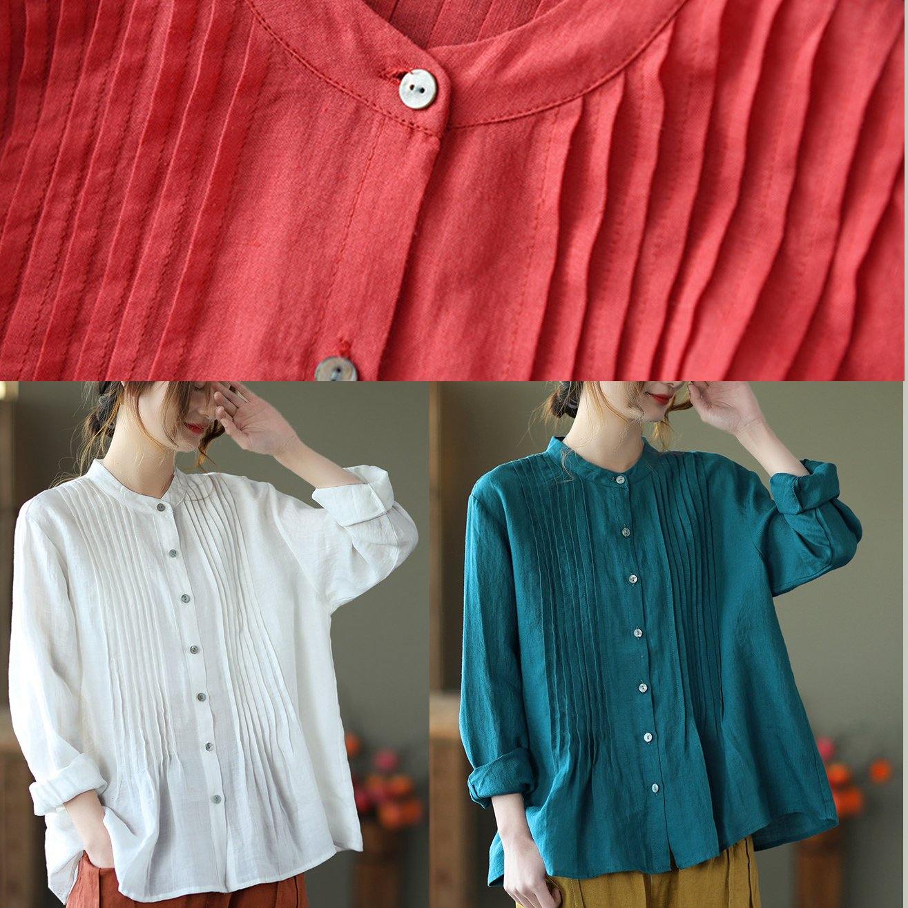 Italian Stand Collar Cinched Spring Top Work Outfits Blue Shirts - SooLinen