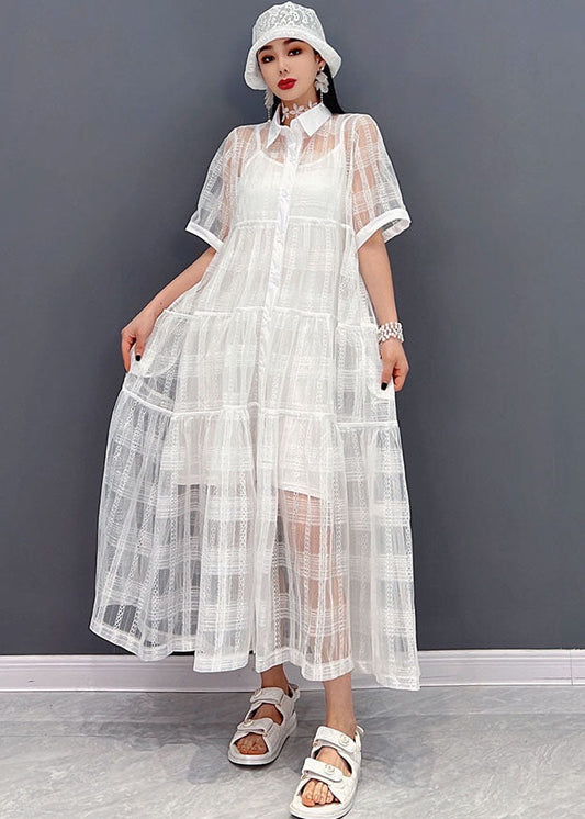 Italien blanc Peter Pan Collar Patchwork Tulle Long Robe Two Pieces Set Summer