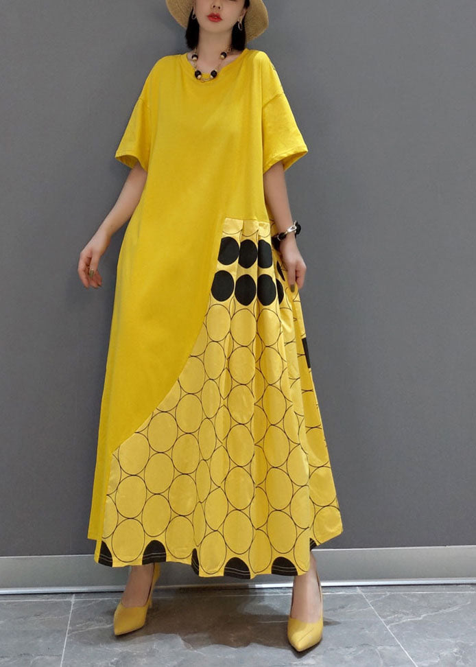 Italien jaune O Neck Patchwork Patchwork Robes maxi printemps