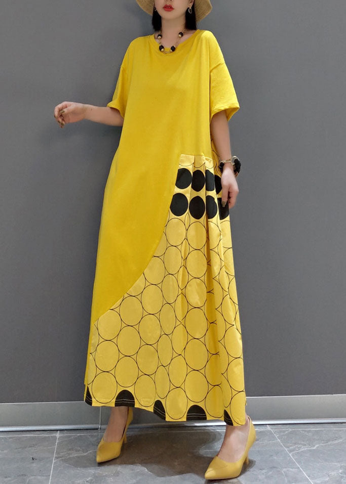 Italien jaune O Neck Patchwork Patchwork Robes maxi printemps