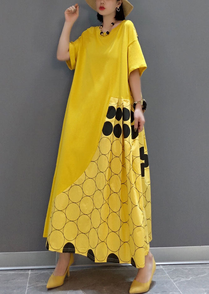 Italien jaune O Neck Patchwork Patchwork Robes maxi printemps