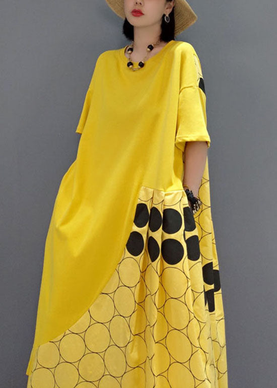 Italien jaune O Neck Patchwork Patchwork Robes maxi printemps