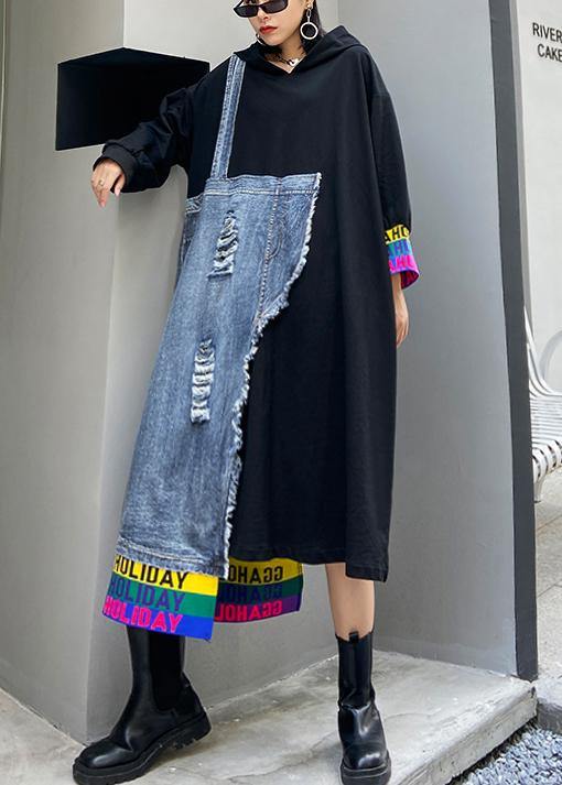 Italian black patchwork denim blue quilting clothes o neck Hole long Dress - SooLinen