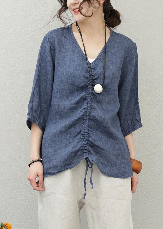 Italian blue cotton Shirts v neck drawstring baggy blouse - SooLinen