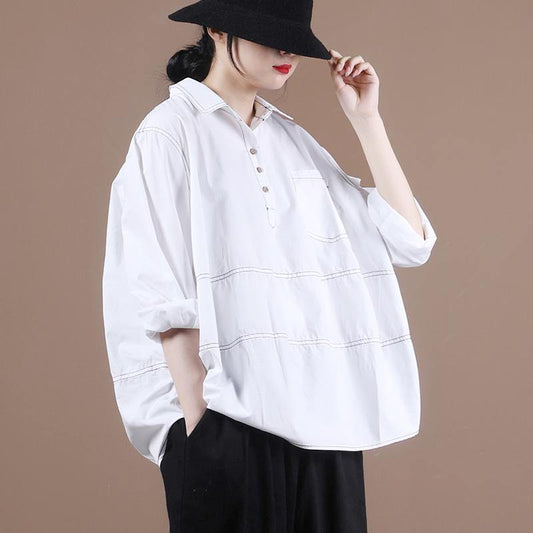 Italian lapel baggy shirts Tunic Tops white top - SooLinen