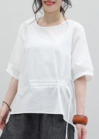 Italian white cotton shirts Tunic Tops o neck drawstring shirt - SooLinen