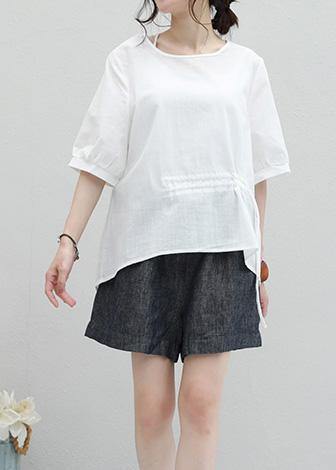 Italian white cotton shirts Tunic Tops o neck drawstring shirt - SooLinen