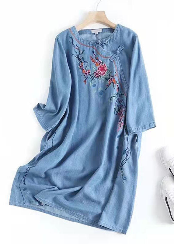 Italian Blue Embroideried Oriental Denim Dresses Summer Cotton Dress