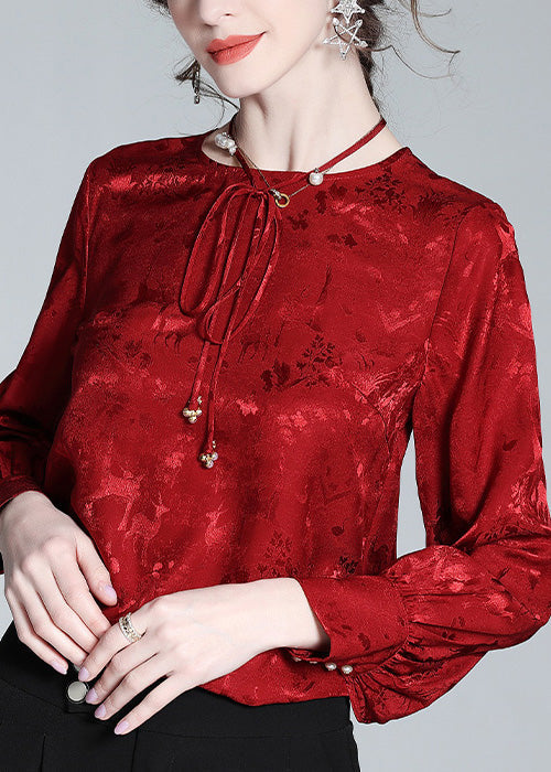 Jacquard Red O-Neck Necd Tiie Silk Shirt Spring