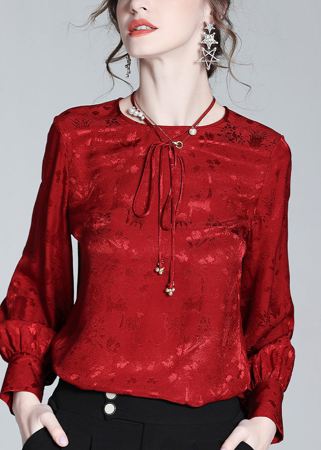 Jacquard Red O-Neck Necd Tiie Silk Shirt Spring