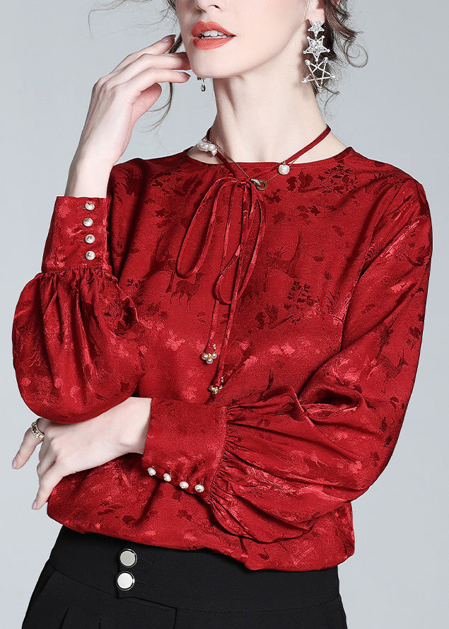 Jacquard Red O-Neck Necd Tiie Silk Shirt Spring