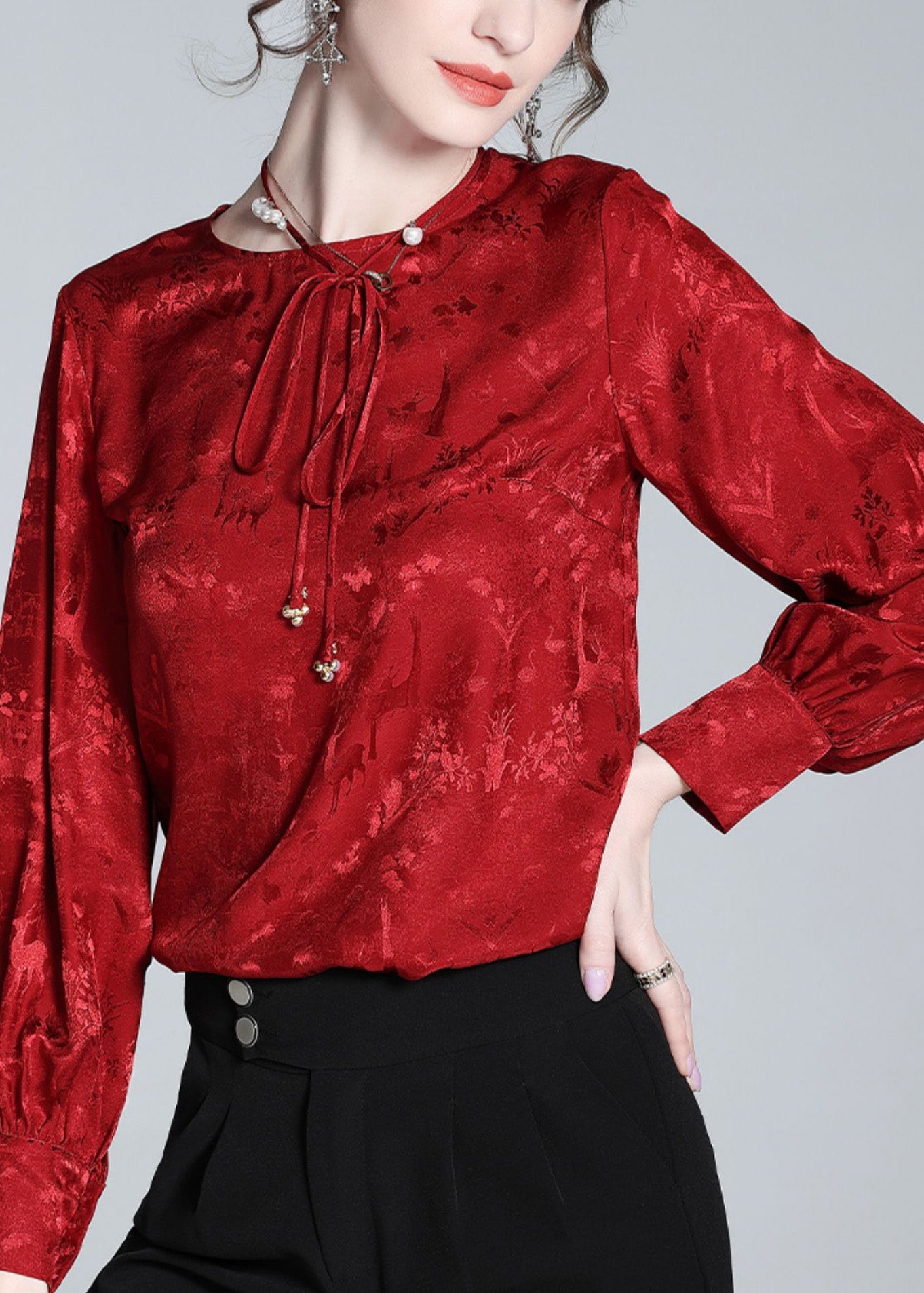 Jacquard Red O-Neck Necd Tiie Silk Shirt Spring