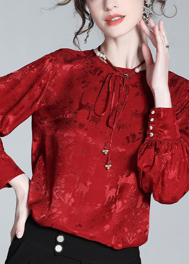 Jacquard Red O-Neck Necd Tiie Silk Shirt Spring