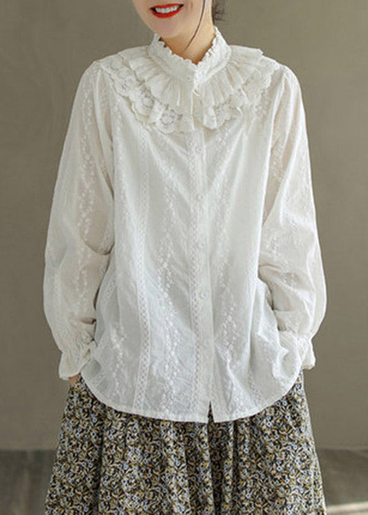 Jacquard White Ruffled Broideried Lace Patchwork Button Coton Shirt Long Manneve