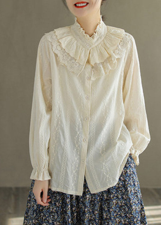 Jacquard White Ruffled Broideried Lace Patchwork Button Coton Shirt Long Manneve