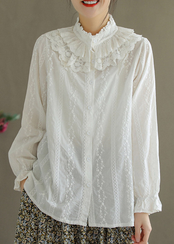 Jacquard White Ruffled Broideried Lace Patchwork Button Coton Shirt Long Manneve