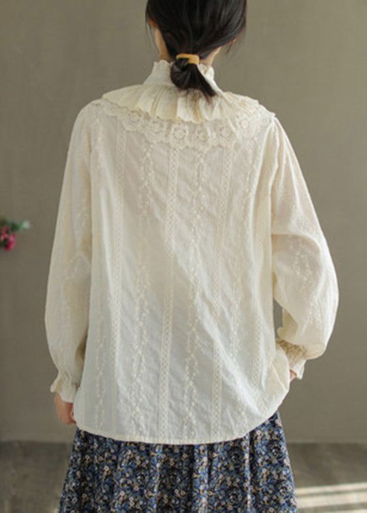 Jacquard White Ruffled Broideried Lace Patchwork Button Coton Shirt Long Manneve