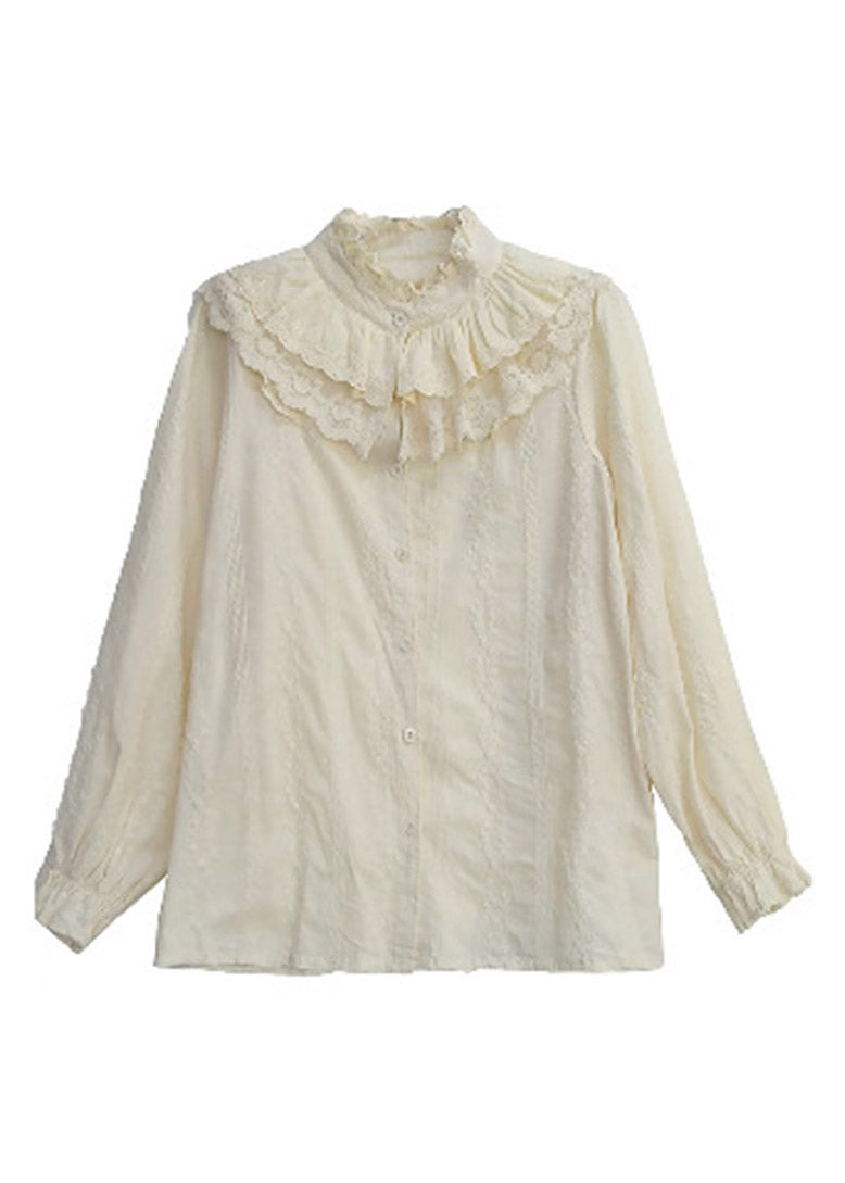 Jacquard White Ruffled Broideried Lace Patchwork Button Coton Shirt Long Manneve