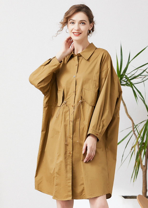 Khaki Cotton Loose Trench Peter Pan Collar Drawstring Spring