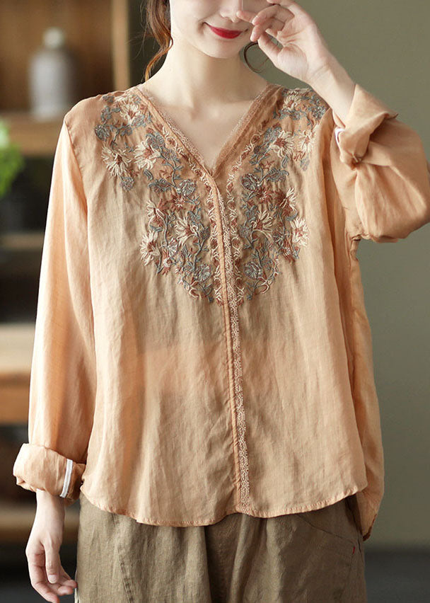 Khaki Lace Patchwork Linen Shirt Top Low High Design Long Honeve