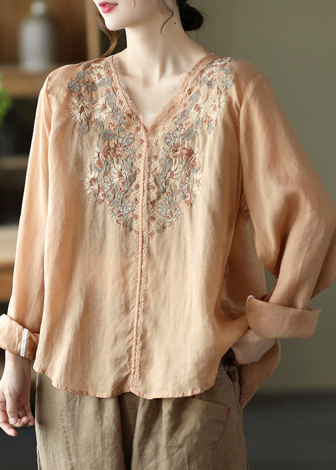 Khaki Lace Patchwork Linen Shirt Top Low High Design Long Honeve