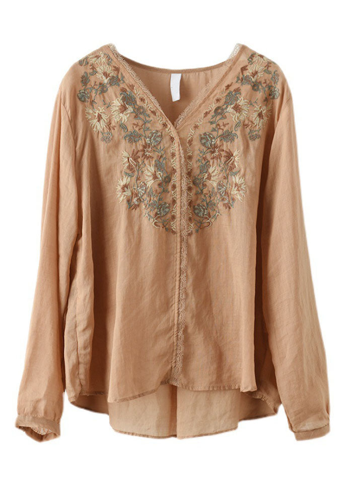 Khaki Lace Patchwork Linen Shirt Top Low High Design Long Honeve