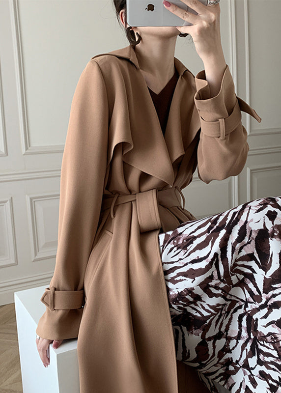 Kaki Peter Pan Collar Tie Trench Cods Coats à manches longues