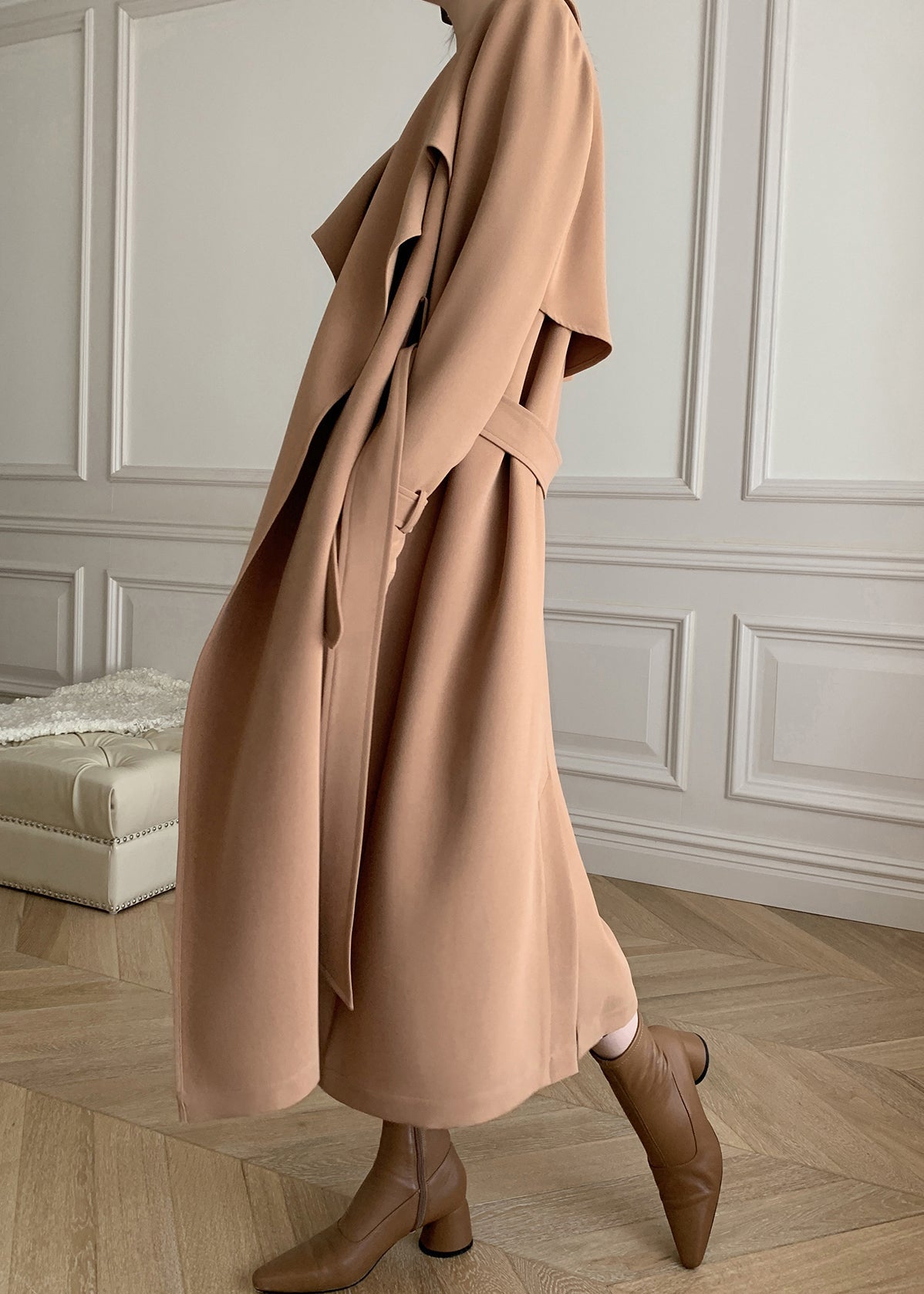 Kaki Peter Pan Collar Tie Trench Cods Coats à manches longues